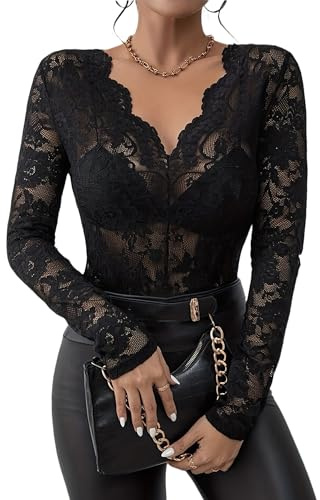 LEBOOBELL Haut Femme Dentelle Deep V Floral Lace Top Sexy Sheer Blouse Transparente Manches Longues French Chic(M, Noir)
