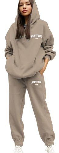Tracksuit Womens Full Set Uk With Pocket 2 Piece Hooded Sweatshirt And Sweatpants Plus Size Letter Print Lounge Wear Sweatsuits Baggy Hoodie And Cuffed Foot Jogger Set Ladies Gym Activewear Khaki