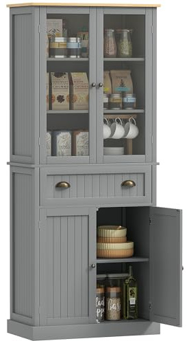 HOMCOM Freestanding Kitchen Cupboard, 5-tier Storage Cabinet with Adjustable Shelves and Drawer for Living Room, Dining Room, Grey