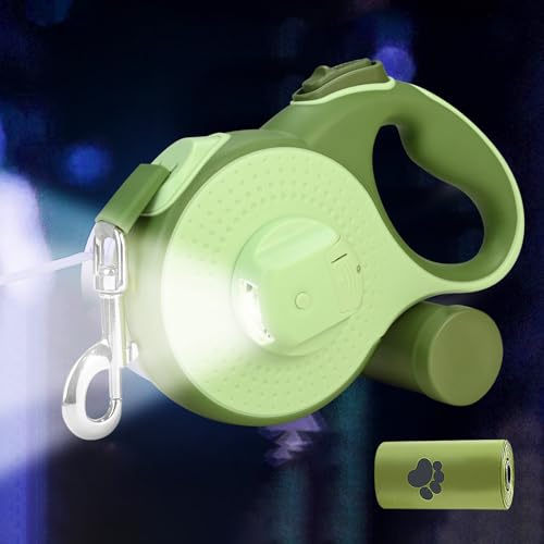 Correa para perros de 8 m, con luz LED y soporte para bolsas de excrementos, sin enredos, correa para perros grandes, botón de freno rápido y mango antideslizante, para perros de hasta 50 kg/110