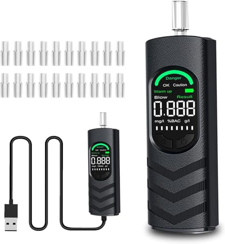 YRHWS Alkoholtester, Polizeigenau Alkoholmessgeräte mit USB Ladefunktion und 20 Mundstücken, Professioneller Alkohol Tester Promillemessgerät mit Digitaler LCD Bildschirm