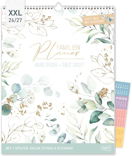 Häfft® Familienplaner XXL 2026/2027 mit 7 Spalten Blattgold Großer Wandkalender für 17 Monate: Aug 26 bis Dez 27 - Jahresplaner für Familien