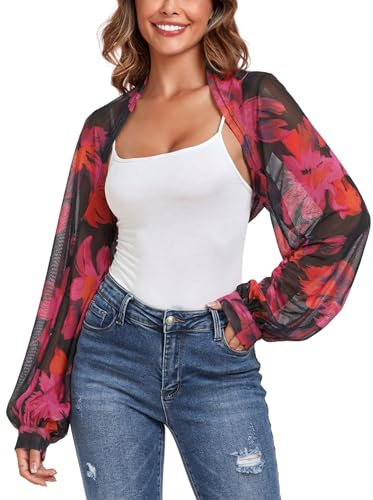ZAFUL Women's Long Sleeve Open Front Bolero Shrug Crop Top Cardigan Elegant (Rose Red Floral XL)