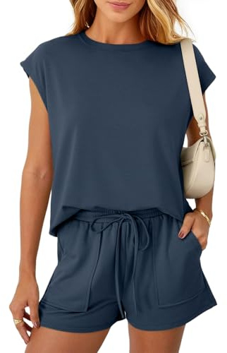 REORIA Women Crew Neck Activewear Loose Short Sleeve Lounge Wear Set Solid Color Tracksuit Co Ord Sets Two Piece Outfit Navy Blue L