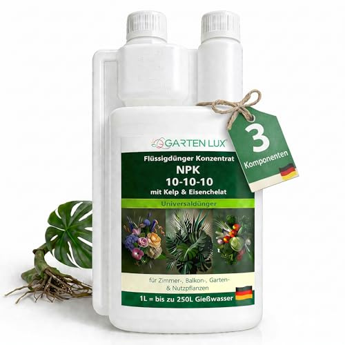 Garten Lux Fertilizzante Liquido Concentrato NPK 10-10-10 con Estratto di Kelp e Ferro Chelato – Concime Universale per Piante da Interno, Balcone, Giardino e Orto – 1000 ml fino a 250 L