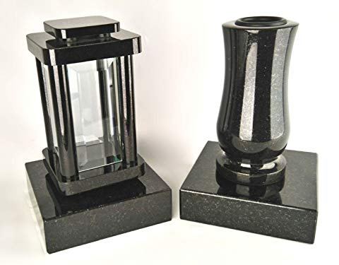designgrab Set Grablampe Modern 25,5 cm & Granitvase 25 cm mit Granitsockel – massiv, hochwertig & poliert – Schwedisch – tiefschwarz poliert