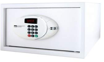 JVD Coffre-Fort Trustee Compact blanc - Coffre-fort Électronique pour hôtel - Verrouillage par code - Éclairage LED - Blocage automatique en cas d'infraction