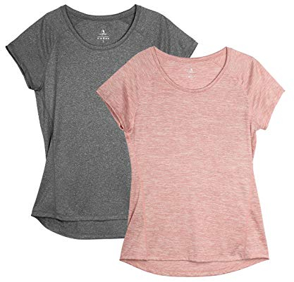 icyzone Damen Fitness Sport T-Shirt Kurzarm Laufshirt Gym Training Funktion Shirt, 2er-Pack (L, Grau/Pink)