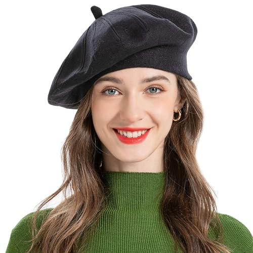 ZLYC French Reversible Solid Color Knit Warm Beret Cap for Womens Girls (Black),One Size