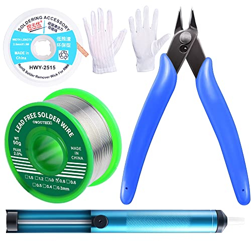 owootecc Pompe à dessouder, mèche à dessouder, pince coupe-fil à micro-cisaillement, gants antistatiques (paire), kit de bricolage d'accessoires pour fer à souder