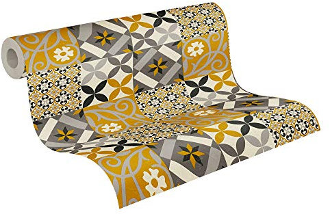 A.S. Création Vliestapete New Life Fliesentapete 10,05 m x 0,53 m schwarz gelb anthrazit creme weiß 376841 37684-1