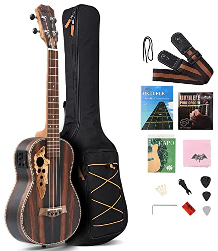 Batking Ukelele Baritono, 30 Pulgadas Blackwood acústico eléctrico barítono ukulele con bolsa, correa, cuerdas de nailon, afinador eléctrico, púa, agitador