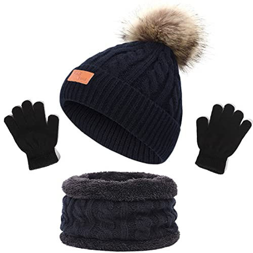 NLAND Ensemble Bonnet Écharpe Gants Enfant 3 en 1 Bonnet Hiver Enfant avec Pompon Tricoté Tour de Cou avec Doublure Gants Chaud Accessoires Hiver Set pour Fille Garçon 2-6 Ans(Noir,Taille Unique)