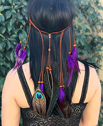 Zoestar Boho påfågelfjäder pannband lila vintage indisk huvudbonad hippie tribal huvudkedja 1920-tal festival hårsmycken för kvinnor och flickor