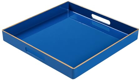 MAONAME Decorative Tray, Royal Blue Serving Tray with Handles, Coffee Table Trays, Square Plastic Trays for Ottoman, Bathroom, Kitchen, 13x13x1.57