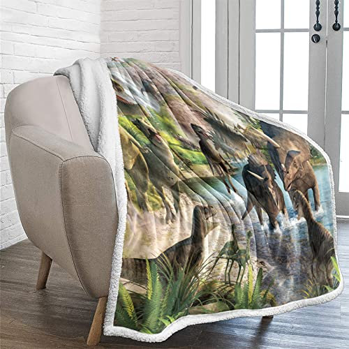 Lunoroey Manta de dinosaurio para niños, ropa de cama de dinosaurio, impresión digital jurásica 3D, manta de forro polar Sherpa para niños, manta de sofá, manta de 130 x 150 cm