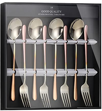 Buyer Star 18/10 Stainless Steel Dinner Spoons and Forks Set, Gradual Change Rose Gold Long Handle Spoon Fork Set Gradient Color Stylish Design Cutlery Set with Black Gift Box, 4 Spoons and 4 Forks