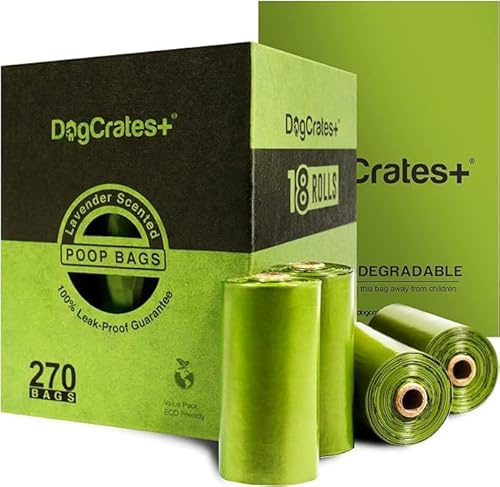 DogCrates+ Dog Poo Bags - 270 Leak Proof and Extra Thick Biodegradable Eco Poop Bags without Tie Handles, 15 Bags on a Roll, 18 Dispenser Refills, Strong Waste Bags