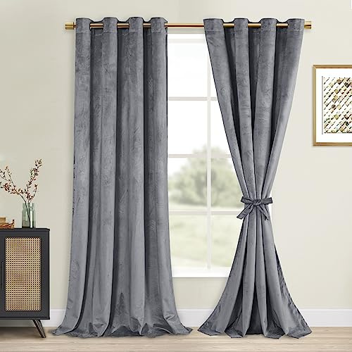 DWCN Grey Velvet Curtains 96 Inches Long with Tiebacks - Thermal Insulated Grommet Tieable Window Curtains Blackout Room Darkening Privacy Protect Drapes for Bedroom Living Room, W52 x L96, 2 Panels