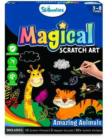 Skillmatics Scratch Art Book for Kids - Animals, Craft Kits & Supplies, 30+ Scratch Stickers, Travel Toys, DIY Kit, Gifts for Boys & Girls Ages 3, 4, 5, 6, 7, 8