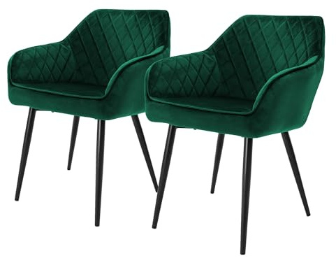 ML-Design Set av 2 matstolar med armstöd och ryggstöd, mörkgrön, köksstol med sammetsklädsel, stoppad stol med metallben, ergonomisk stol för matbord, matstol vardagsrumsstol