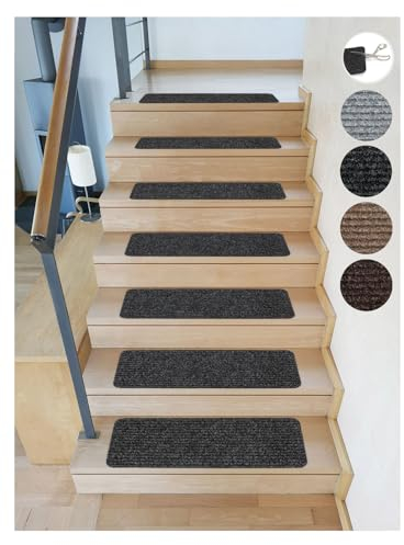 Kettelservice-Metzker Stufenmatte Treppenteppich Tulus Rechteckig 2 Stück - Treppenschutz Treppenteppich Aufleger Anthrazit selbstklebend 60x25cm