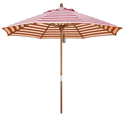 CNHRFGVD Gestreifter Terrassenschirm 270cm, Gartenschirm, wasserdicht, Sonnenschutz, faltbarer Sonnenschirm aus Holz für Balkon, Terrasse, Patio, Strandregenschirm (Color : Red, Size : 270cm/9ft)