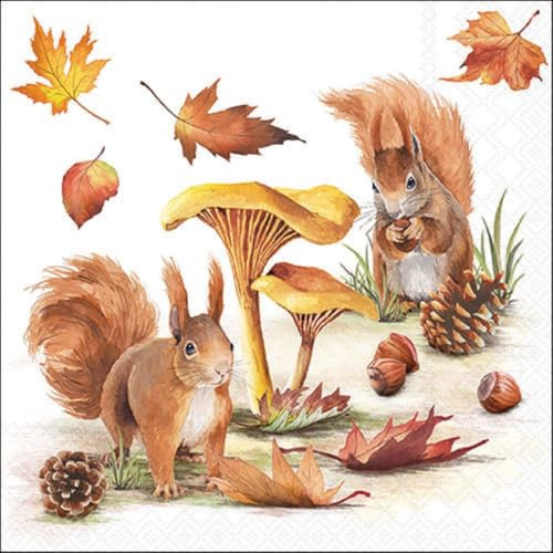 20 Servietten Herbst Eichhörnchen an Zapfen und Pilze als Tischdeko. Papierservietten mit Motiv. Auch für Decoupage und Serviettentechnik 33x33cm