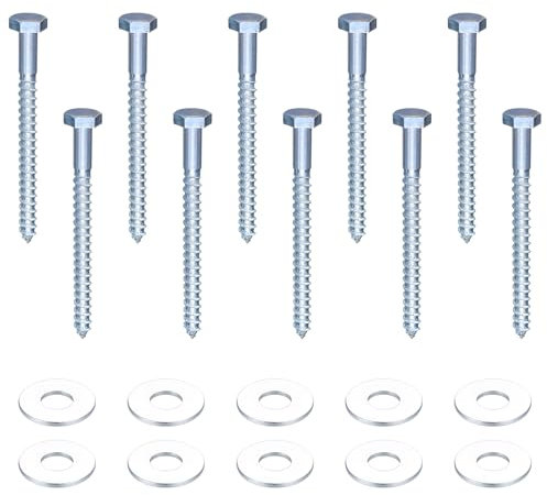 10 Pcs M10 Tornillos Tirafondos para Madera, Tornillos de Cabeza Hexagonal, Tornillos Autorroscantes, Tornillos para Madera con Arandelas para Soporte TV Plataforma (M10 x 120 mm)