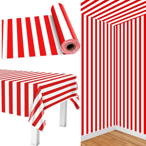 PIXHOTUL Rollo De Mantel De Carnaval De 30 M, Mantel De Rayas Rojas Y Blancas, De Plástico Rojo, Decoración De Fiesta Temática De Carnaval, Decoración para Cumpleaños, Noche De Películas