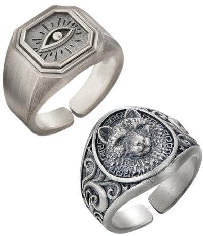 2 Stück Herrenringe, Herrenringe, Edelstahlring für Herren, Ring mit Wikinger-Wolfskopf, Siegelring für Herren und Damen