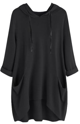 Jumper Dress for Women UK Lightweight Hoodie Women Long Sleeve Tops Casual Sweatshirts Oversized Pullover Shirts Loose Tunic Shirts with Pocket 2024 Long Sleeve Dress (Black, M)