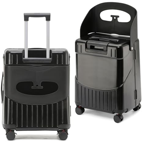 CyyKcc Valise pour Enfants avec Siège Intégré, 20 Pouces Valise pour Enfants avec 4 Roues Multi-Directionnelles Verrouillables, 53x35x28cm Valige Rigide Noire de Voyage