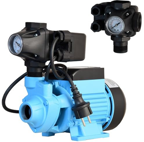 Wasserpumpe QB 60 mit Moderne Druckschalter zum Tank - Gartenpumpe (370 W, 2100 l/h, Förderhöhe 39m) - Gußeisen - Pumpensteuerung Druckwächter - Hauswasserwerk - für Brauchwasserversorgung Bewässerung