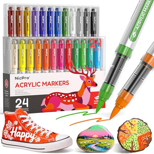 Nicpro 24 Colors Acrylic Paint Markers Brush Tip, Water-Based No-Bleed Paint Markers with Automatic Ink Control, Waterproof Acrylic Paint Pens for DIY Art & Crafts - Rock, Wood, Glass, Ceramic, Fabric