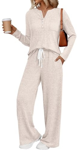 LILLUSORY Womens 2 Piece Lounge Sets Matching Airport Travel Outfits 2026 Spring Clothing Fall Pajamas Sweat Suits Pockets Apricot M