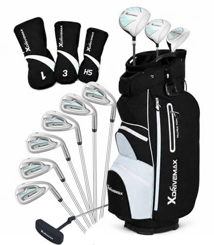 XDriverMax 14-delat golfklubbsset för kvinnor, för nybörjare, standard och höga längder, höger/vänsterhänta, förare, Fairway, Hybrid, 6-SW järn, putter, vagnväska och 3 huvudskydd, höger, blå