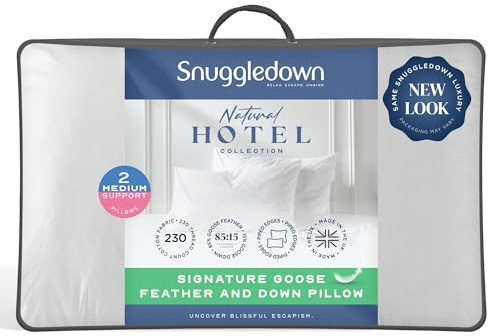 Snuggledown Luxury Goose Feather & Down Pillows 2 Pack - Ethically Sourced 85:15 Blend, Medium Support Bed Pillow for Back Sleepers | UK-Made, Cotton Cover, Washable (48 x 74cm)