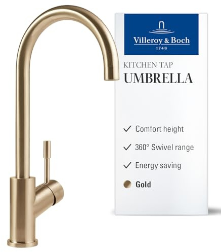Villeroy & Boch Umbrella, grifo de cocina de alta presión, con ColdStart para ahorro de energía, cartucho cerámico y alcance giratorio de 360°, ahorro de agua, altura del caño 275 mm, dorado