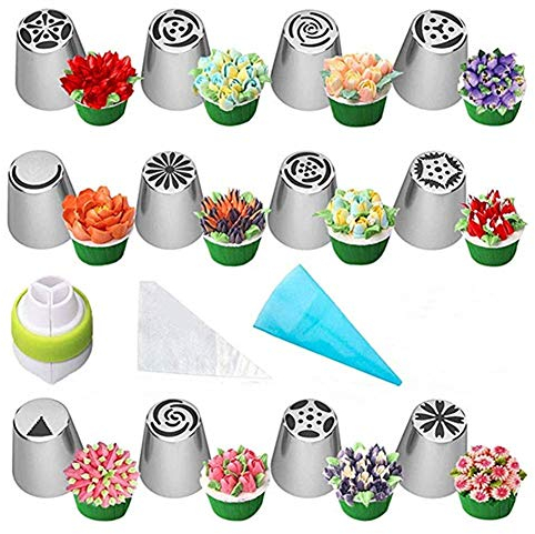 Set di punte per tubazioni russe, kit di forniture per decorazione cupcake 24 pezzi, ugelli di glassa a forma di fiori, sacchetti di glassa e punte Forniture di cottura (24Pcs)