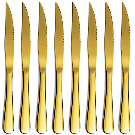 Goldenes Steakmesser Set, Kyrtaon Goldenes gezahntes Messer, Titanvergoldetes Edelstahl-Scharfmesser-Set, Tafelmesser-Set mit 8, Spülmaschinenfest, robust und leicht zu reinigen
