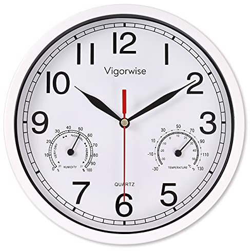 Vigorwise 8 Inch White Wall Clock, Sweep Silent Movement Accurate Clocks with Temperature & Humidity, Decorative for Kitchen/Living Room/Bedroom/Office/School/Classroom