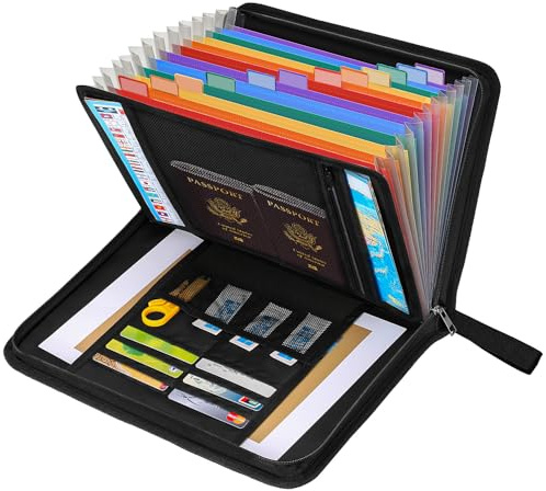 Vanulee 5300℉ Fireproof Document Folder,Waterproof Fire Proof Document Bag with 13 Pockets Accordion Folder, Portable File Organiser A4 Paper Storage Box with Handle and Labels, Coloured