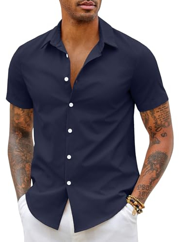 COOFANDY Skjorta Herr Kortärmad Lätt Formell Sommar Skjortor Arbetsklänning för Män Vuxna Basic Button Up Casual Skjortor, Marinblå, M