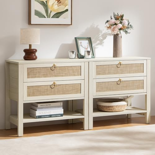 SICOTAS Night Stands Set of 2 for Bedroom, Large Bedside Tables with Drawer & Open Shelf, Wide Boho Rattan Nightstand Set Narrow Side Table for Master Bedroom