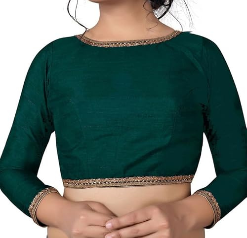 Dupion Solid Saree Readymade Blouse with Lace Boat Neck Top 3/4 Sleeve Back Hook & Eye Closure Choli Sari Teal Green