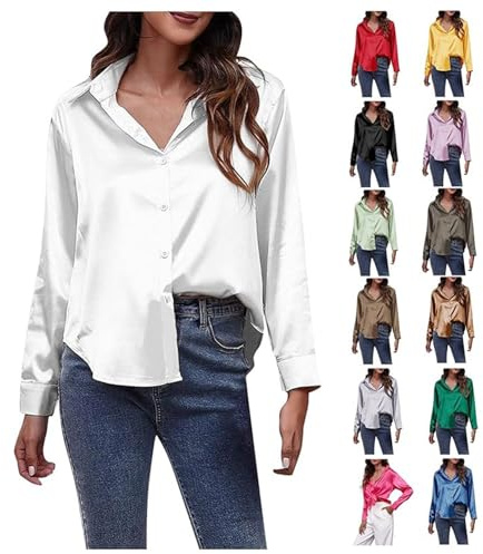 Chemise Blanche Femme, Chemisier élégant à Col en V pour Femme Henley Chemisier Ample à Manches Longues Couleur Unie Chemise en Satin Pas Cher,Blanc,M,F69S