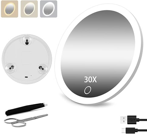 Junyaoxuan 30X Magnifying Mirror with Light,6 Large Makeup Magnifying Mirror with 3 colors Dimmable,Portable LED Magnified with 3 Suction Cups,White