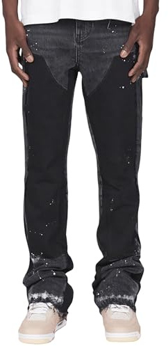 Acrawnni Men Y2K Micro Flare Jeans Fashion Ink-Splatter Patchwork Denim Pants Spring Summer Casual Trousers Hip Hop Streetwear (A-Black, S)