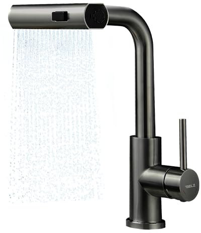 BELZ Robinet mitigeur de cuisine avec douchette extractible - Pivotant à 360° - Robinet mitigeur d'évier de cuisine rabattable - Acier inoxydable - 3 modes - Tête de pulvérisation - Gris acier